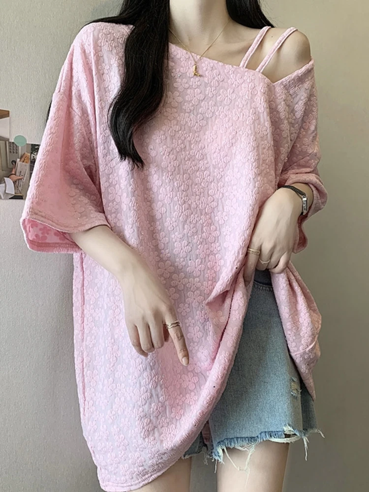Shiny Short Sleeve T-Shirt Women Summer Fashion plus Size Conceal Butt Shoulder Exposure Mid-Length Base Shirt V-Neck  C...
