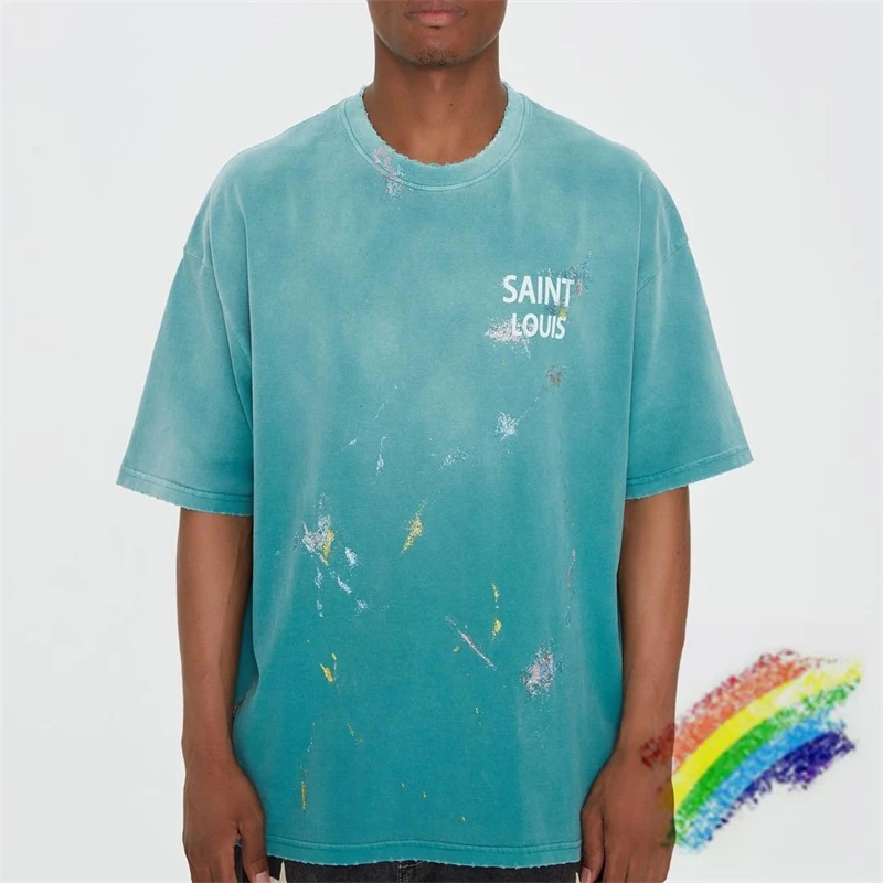 Washed Tie-dyed Saint Louis T-Shirt Men Women Graffiti Vintage Blue Tee Casual T Shirt