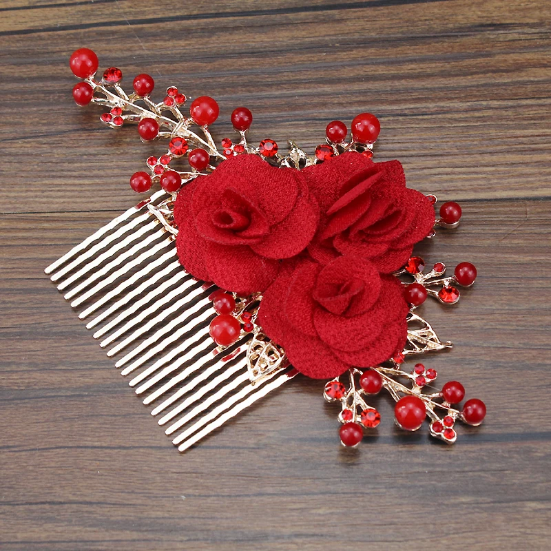 Handmade Crystal Bridal Hair Accessories Beaded Large Wedding Hair Comb Prom Festival Red Flower Headpiece For Bride Women