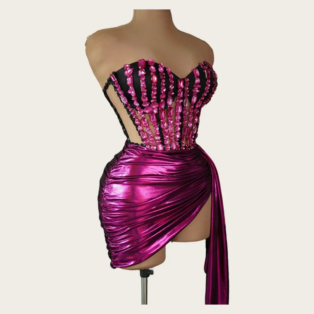 Women Sexy Strapless Shiny Crystals Bodycon Mini Short Dress Nightclub Bar Party Prom Singer Performance Costume Stage Show Wear