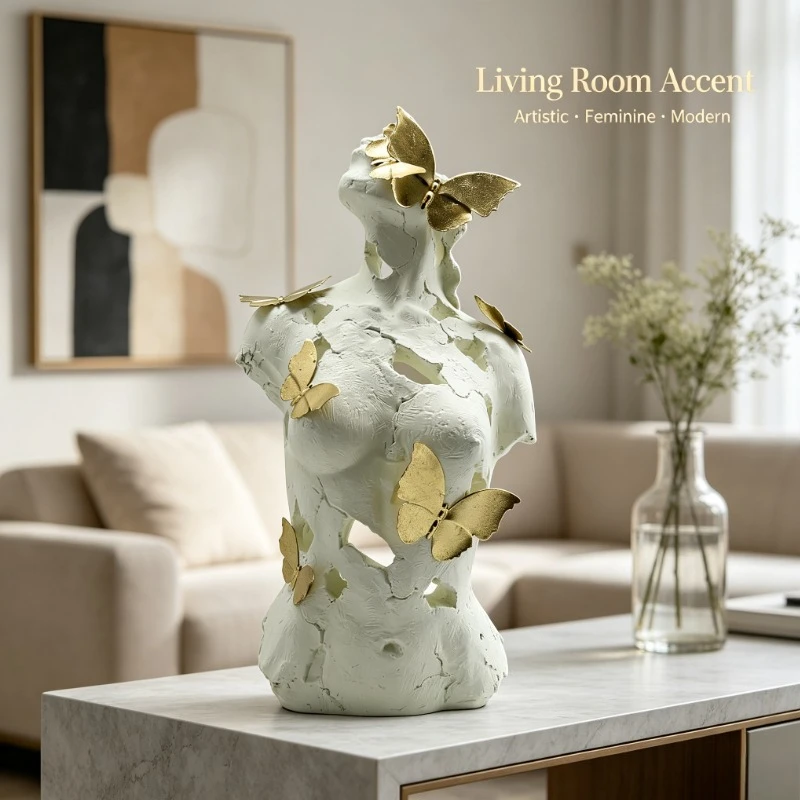 Abstract Female Bust with Gold Butterflies, Resin Art Sculpture for Home Office Decor & Gift