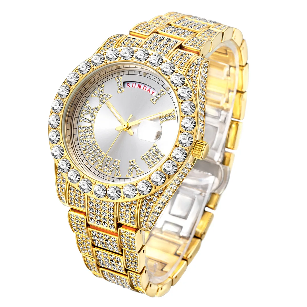 

Fashion Full Diamond Hip Hop Diamond Water Ghost Week Calendar Men's Watch