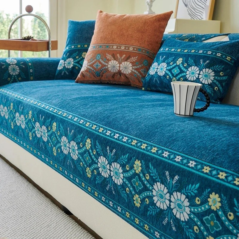 Ethnic Printed Chenille Bohemian Sofa Cushion Cover, Elegant Decorative Couch Protector Pad Living Room Home Decor 1pc