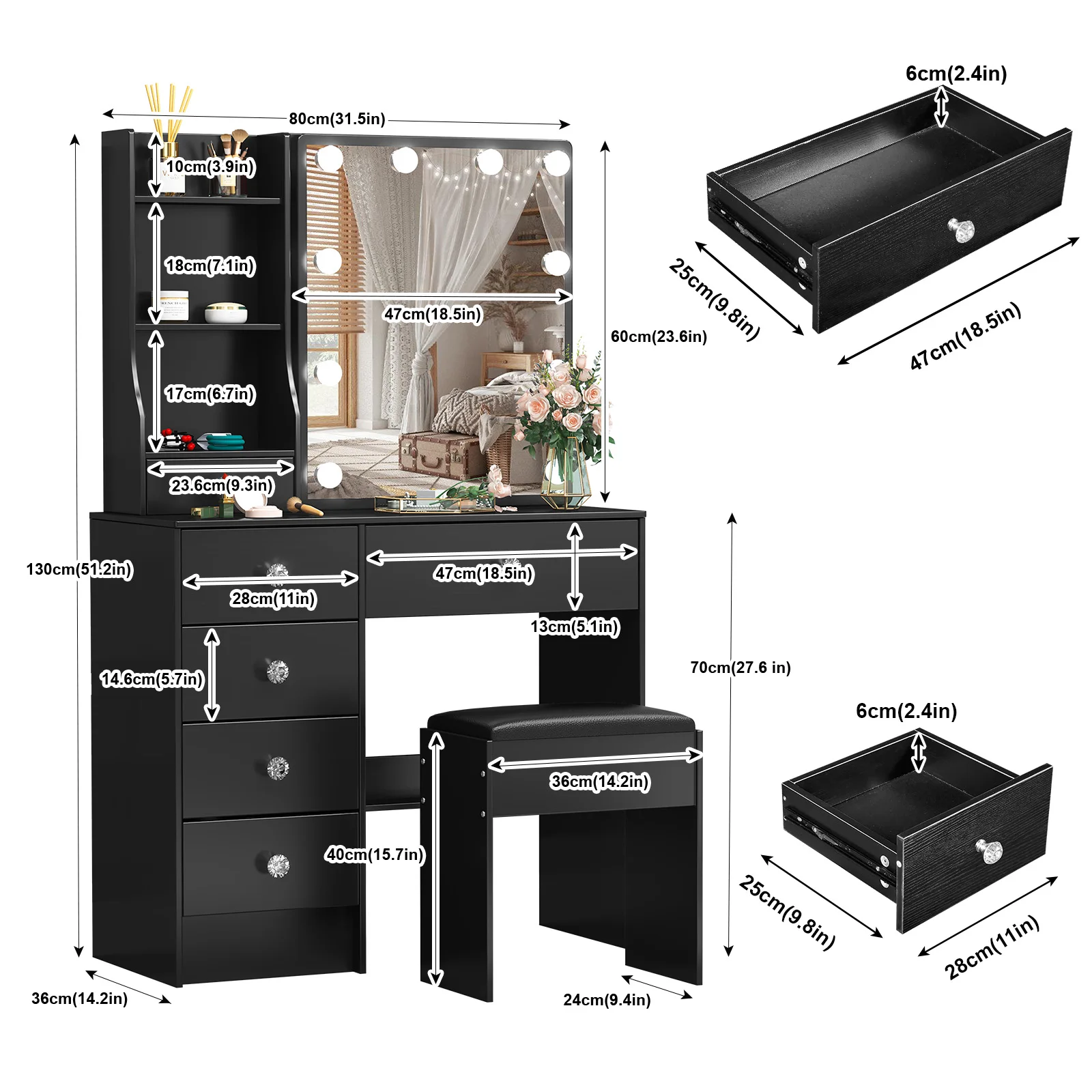 مجموعة زينة مضاءة LED مع مرآة منزلقة وأدراج طاولة تزيين Yamissi ومقعد #6