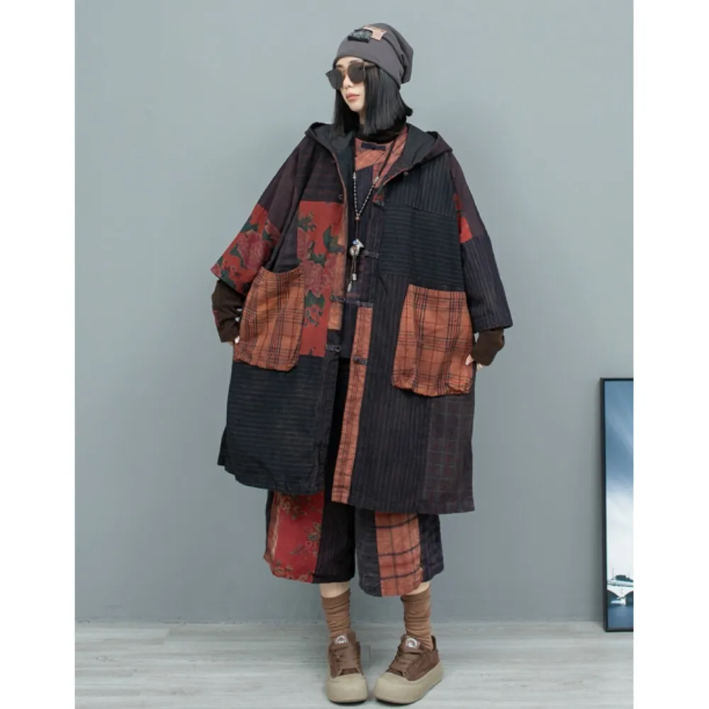 

Old Fabric Splicing Hooded Cardigan Large Pocket Double Layered Mid Length Jacket Women 2024 Autumn Winter LX2494