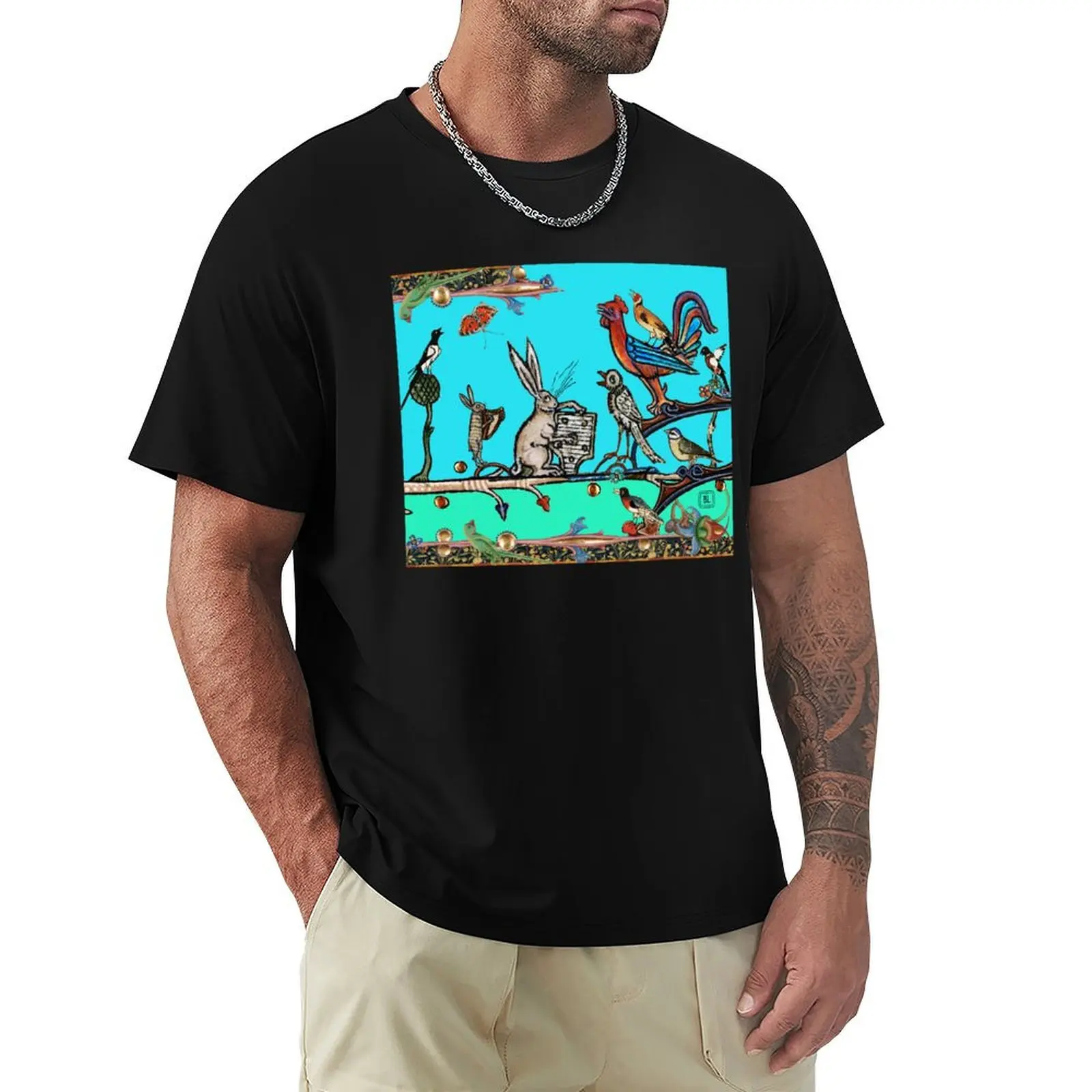 WEIRD MEDIEVAL BESTIARY MORNING MUSIC CONCERT OF RABBITS AND BIRDS IN TEAL BLUE by Bulgan Lumini T-Shirt