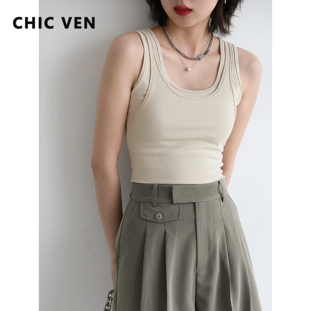 CHIC VEN Women\'s Tank Top Camisole Solid Design Slim Fit Short U-neck Suspender Vest Crop Tops Women Summer Basic Elastic 2022