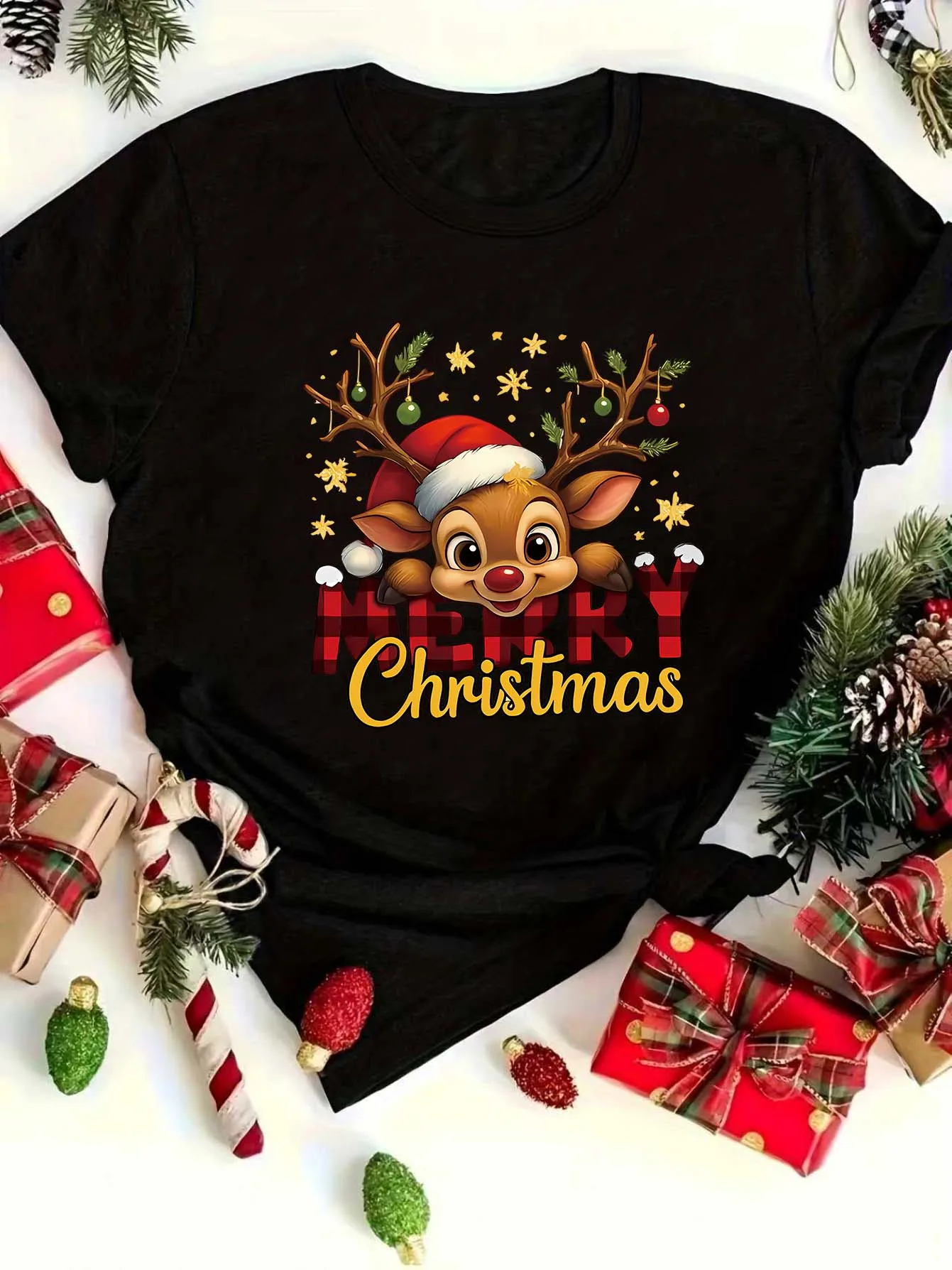    المرأة عيد الميلاد تي شيرت لطيف رودولف الأحمر الأنف الرنة عيد ميلاد سعيد طباعة Y2k السيدات الملابس المتضخم امرأة الملابس