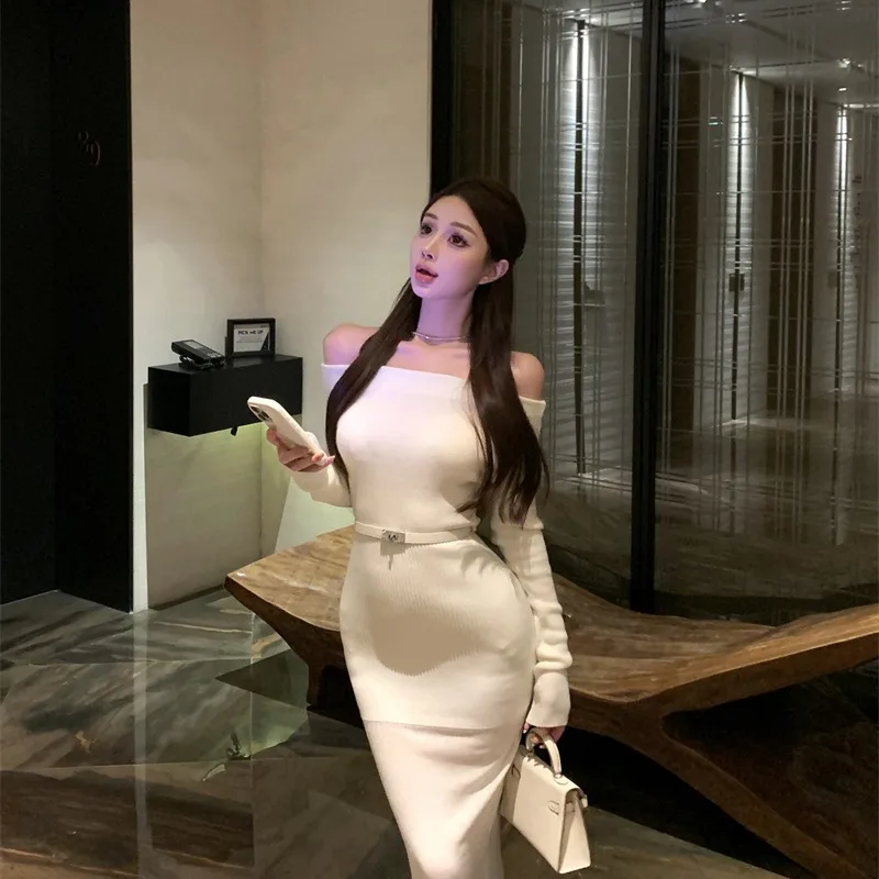 oulder ontbloot gebreide lange Sve Dr hoge taille rechte snit lange rok met riem herfst winter nieuwe Sle woon-werkverkeer wind La...