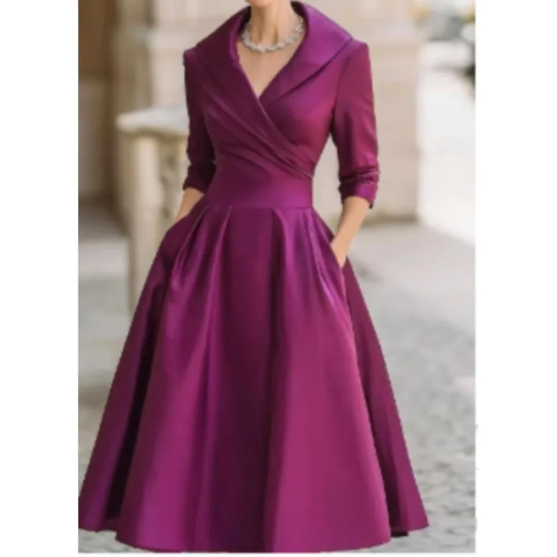 Fashion Temperament 2025 Women's Dress V-neck Long Sleeve Turn-down Collar Maxi Dresses Slim Waist Office Lady Wedding Vestidos