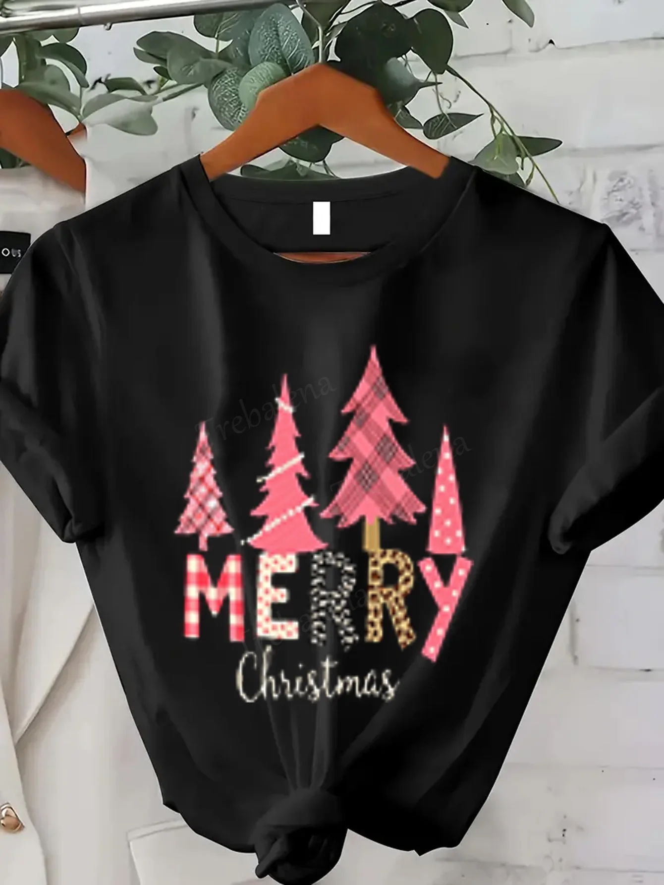 Damska koszulka z nadrukiem w kratę i motywem choinki na Boże Narodzenie