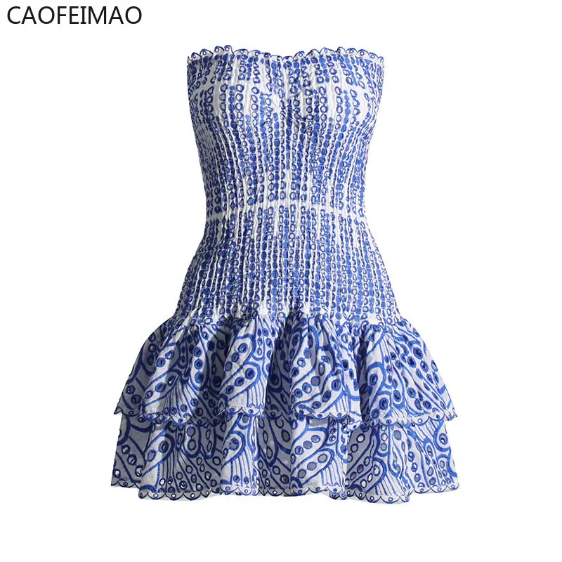 Boho Inspirado off vestido de ombro para as mulheres sem alças smocked corpete bordado mini vestido de verão novo algodão verão vestido festa