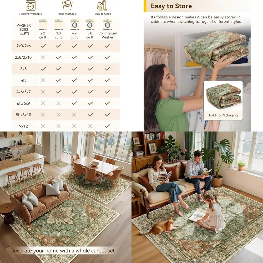 

Floral Vintage 6x9 Area Rug, Washable Non-Slip, Distressed Medallion Pattern, Suitable for Living Room, Bedroom, Dining Room in