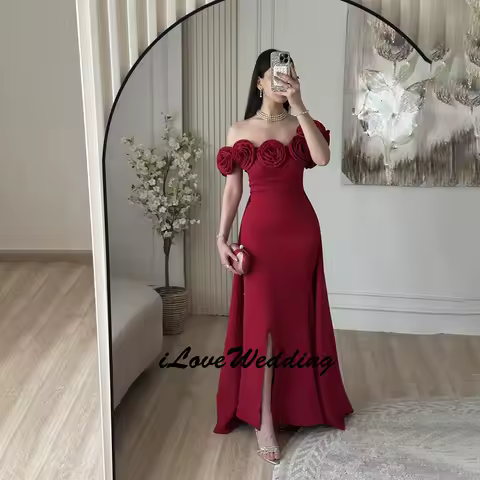 Customized Red Evening Dress for Woman Off The Shoulder Flower Mermaid Evening Gown Slit Backless Trumpet Formal Dresses Long
