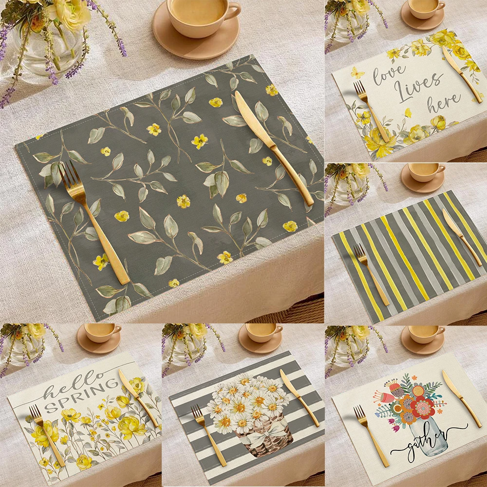 Künstlerische Blumen-Tischsets mit „Gather“-Zitatmuster, niedliche Aquarell-Blumen-Designs, hitzebeständige Tischsets für den Esstisch