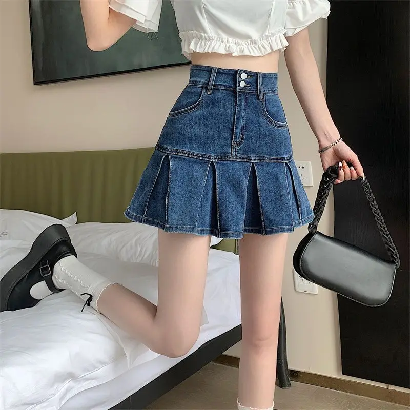 

Retro Denim Pleated Skirts Women Trendy Mini Summer High Street Y2k Korean Preppy Style Sweet Schoolgirl Empire Gothic Harajuku