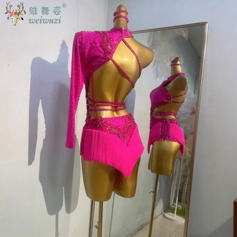 Latin Dance Competiton Tassel Dress for Women Customsized AB Stones Rumba Chacha Tango Performance Skirt Adult Latin Dresses