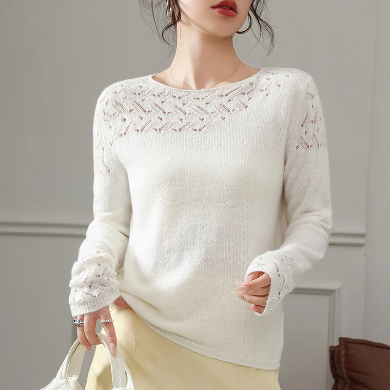 

New spring and summer women's O-neck pullover sweater solid color hollow knitting slim fit long sleeved women's wool sweater