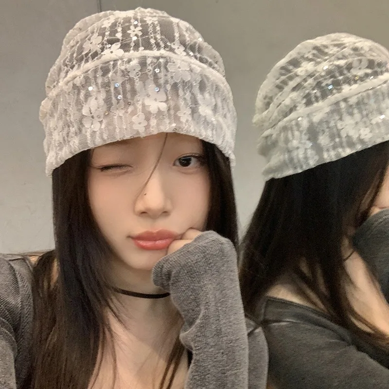 New Spring and Summer Thin Lace Flower Mesh Pullover Hat Women Retro Niche High-end French Temperament Short-brimmed Beanie Cap