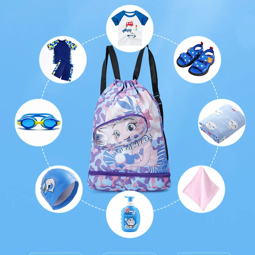 Mochilas esportivas esportivas infantis, mochila infantil com compartimento de sapatos e bolso molhado, bolsa de natação, bolsa de natação