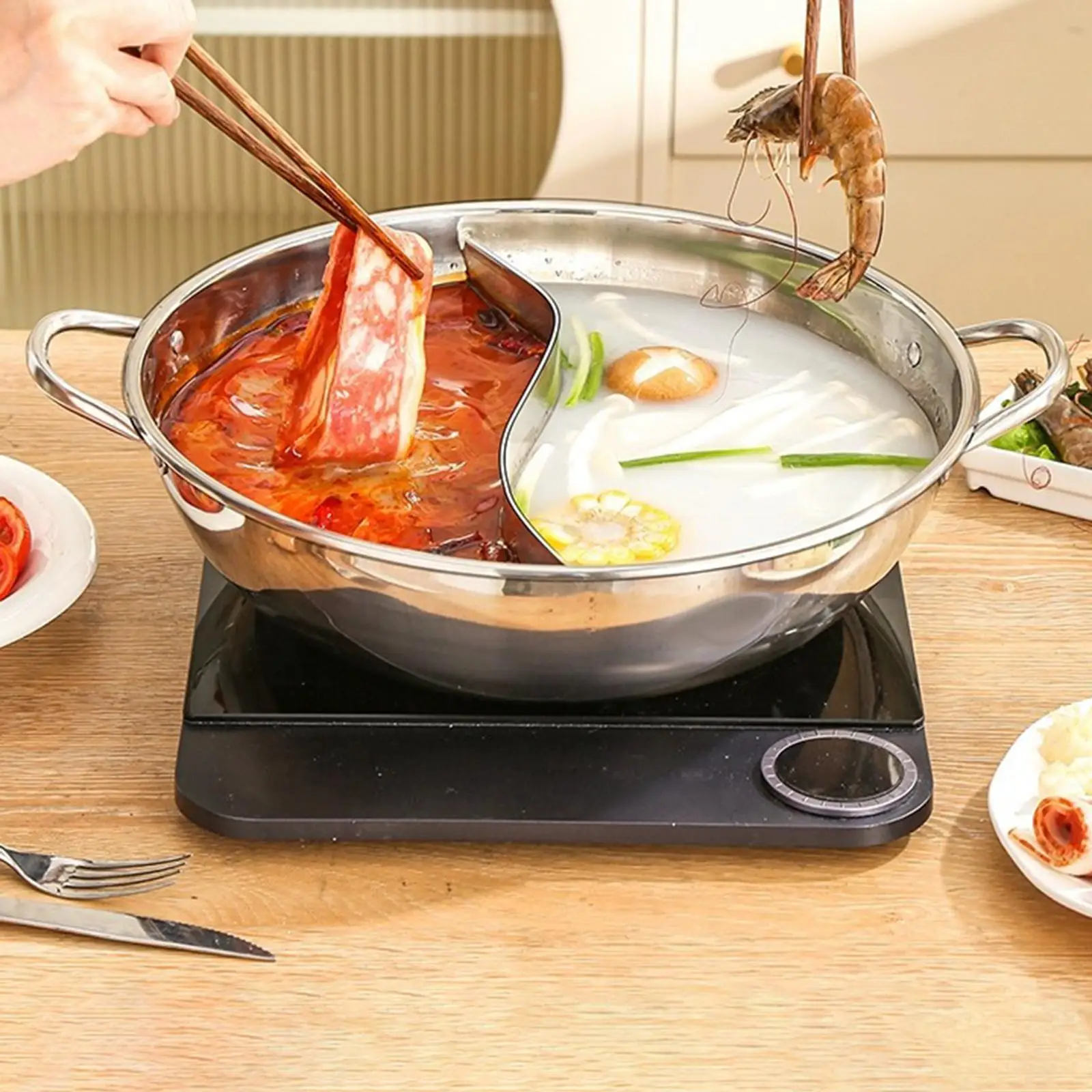 Divided Hot Pot Soup Cookware, Double Handle, with Divider, Double Flavor Hotpot, Chinese Shabu Shabu Pot for Party, Gathering