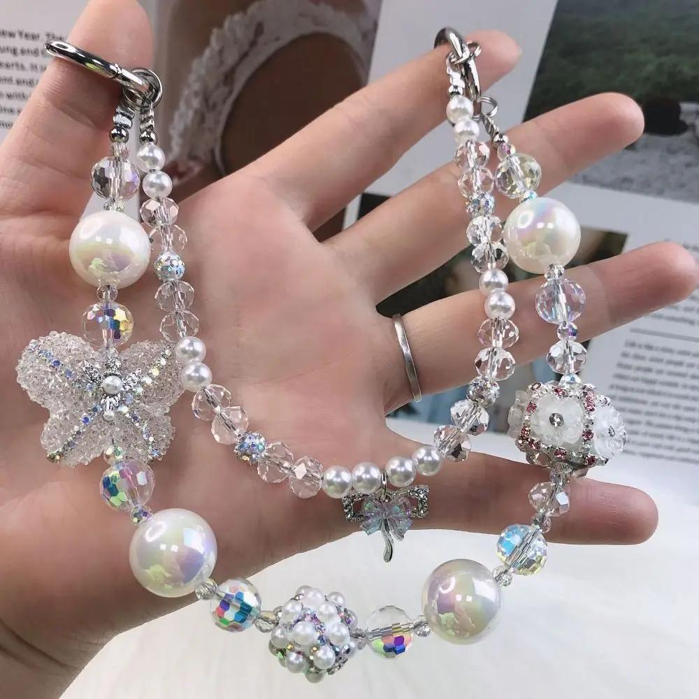 Glitter Rhinestone Phone Chain Pearl Granulated Sugar Bowknot Bag Pendant Luxury Handheld Blingbling Keychain Mobile Phone Decor