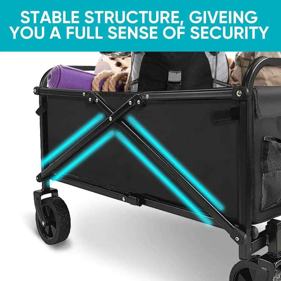 عربة شاطئ قابلة للطي وقابلة للطي بسعة كبيرة وعربة قابلة للطي شديدة التحمل ومحمولة للرياضات الخارجية والتسوق والتخييم باللون الأسود