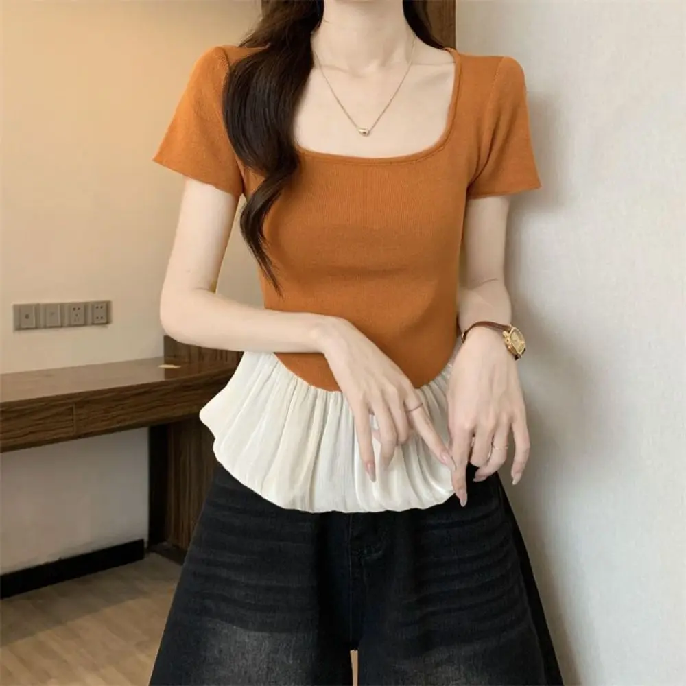 

Ins Style Short Sleeve Summer Knitted T-Shirt Slim Fit U-neck Sweet Crop Tops Patchwork Korean Style Mesh Ruffle T-Shirt Girls