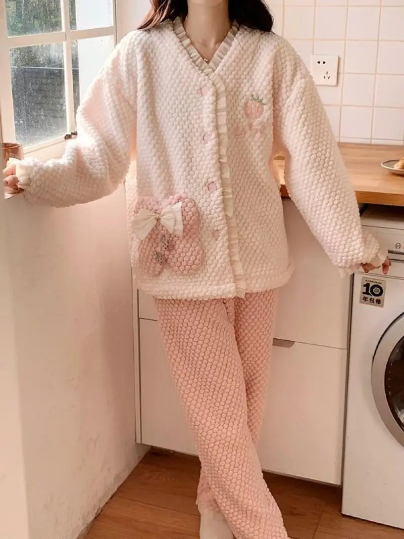 Pijamas de mujer, ropa de dormir, nuevo conjunto de traje para casa de encaje dulce para invierno, pijama de algodón, ropa de casa, otoño, fresa, Navidad, Grinch