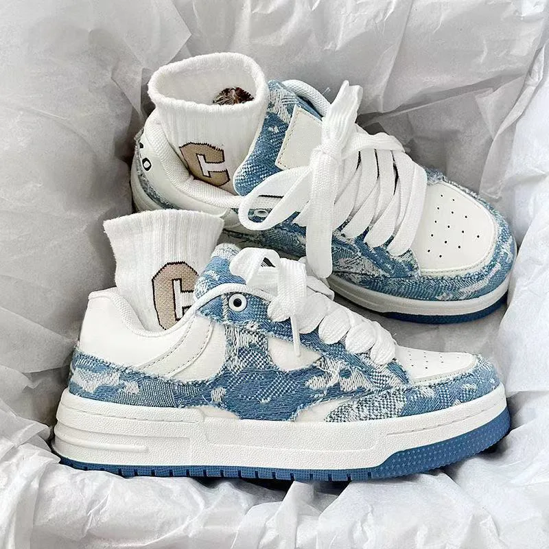 

Spring Autumn New Thick-Soled All-Match Casual Sneakers Female Couple National Trend Niche Denim Blue Couple Bread Shoes Male