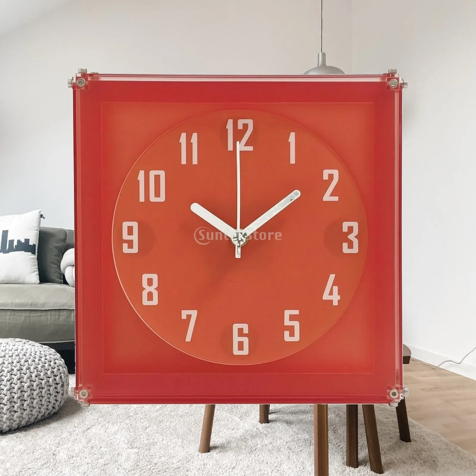 Modern Red Square Wall Clock Silent Acrylic Frame Analog Movement 12 Hour Display for Living Room Bedroom Study Hallway