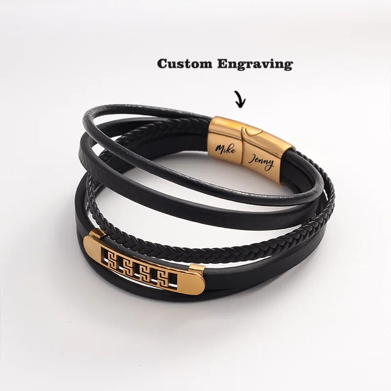 A Customizable Greek Pattern Men's Multi-Layer Braided Microfiber Leather Bracelet, Featuring Classic, Luxurious, and Trendy Design, Suitable for Daily Wear, Commuting, and Casual Outfits, Making It an Ideal Gift for Birthdays, Father's Day, Valentine's Day, and Anniversaries