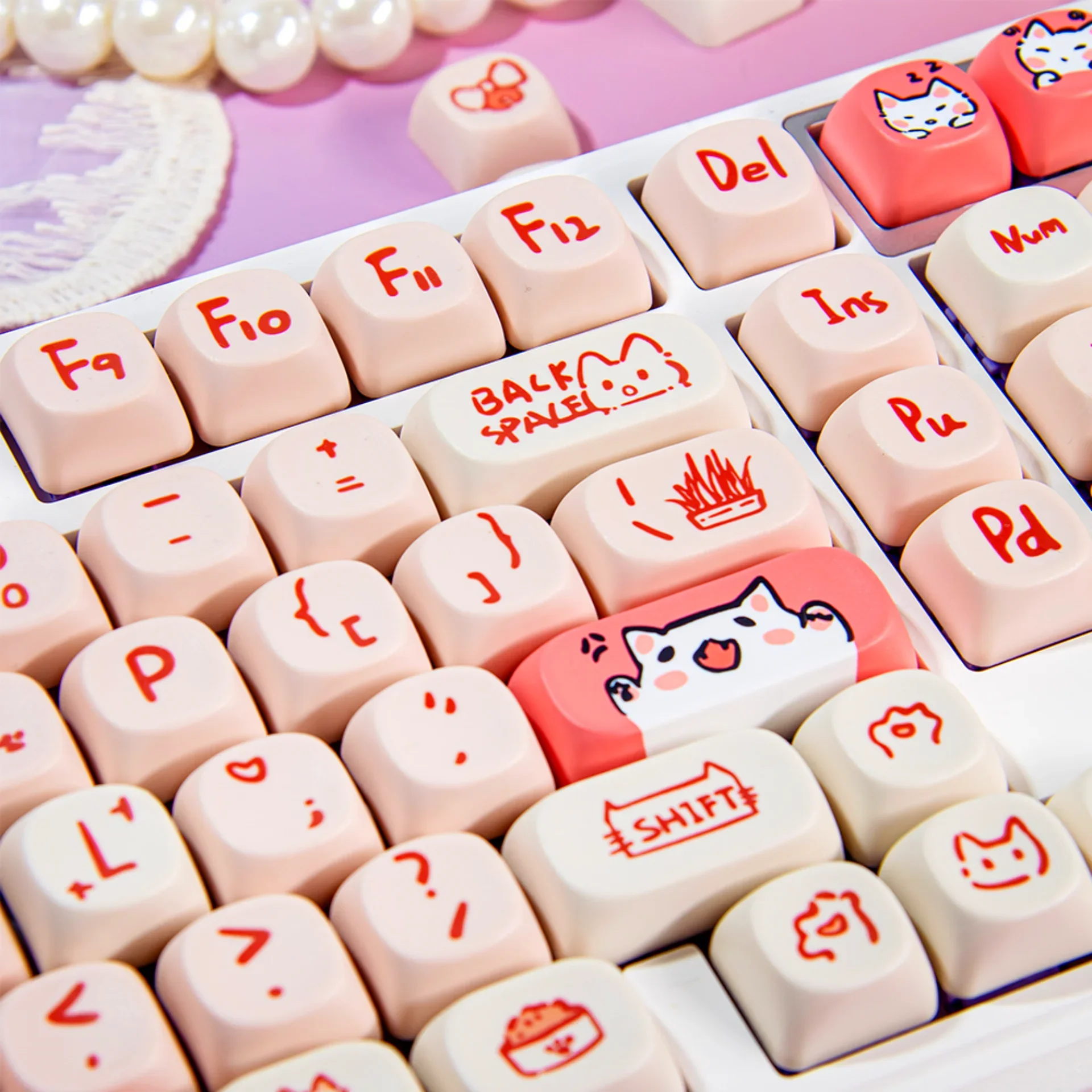 

Cute Pink Meow Meow MOA Girls Keycap Set PBT 135 Keys for 60/64/84/98/108 Mechanical Keyboards