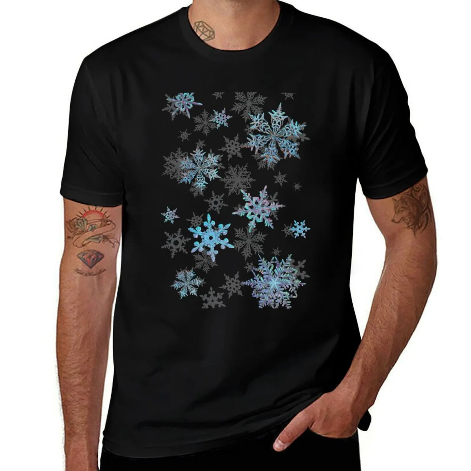 Embroidered Snowflakes blue on white T-Shirt Casual All Match Tee Shirt for Men