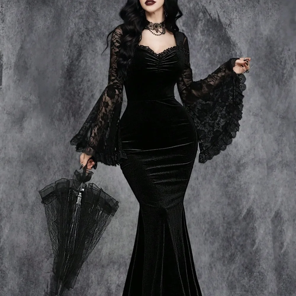 2025 Gothic Lace Flare Sleeve Dress Bodycon Halloween Party Slim Fit