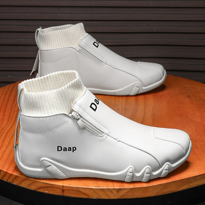 

Men Trend Socks Shoes Autumn New Outdoor Anti-slip Sneakers Luxury PU Leather Men Work Shoes zipper Ankle Boots High Top shoes