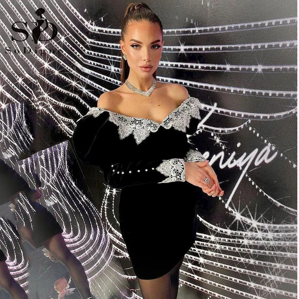 

SoDigne Sexy Black Velour Evening Party Dresses Lace Long Sleeves Short Prom Dress Above Knee 2022 Special Occasion Gowns