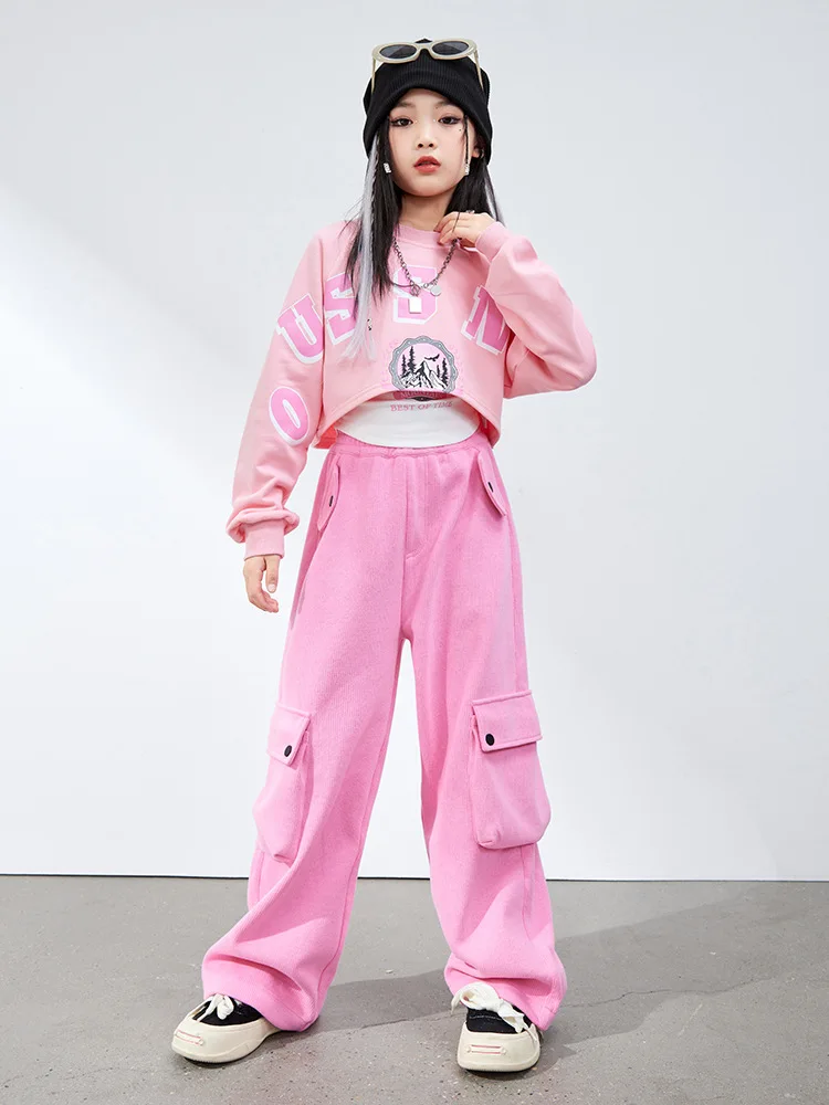 

Kid Kpop Hip Hop Clothing Pink Sweatshirt White Crop Tank Top Casual Wide Pocket Baggy Pants for Girl Jazz Dance Costume Clothes