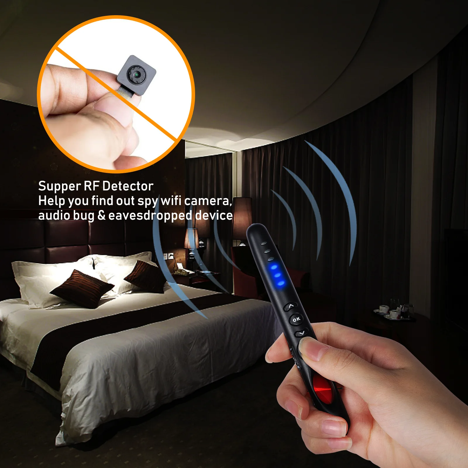 Gadget di sicurezza portatile: rilevatore di auricolari RF, scanner per telecamera spia, allarme antifurto da 130 dB per la sicurezza di viaggi/hotel, nero