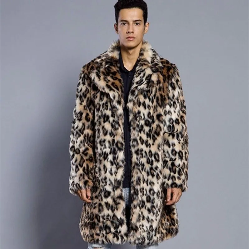 Luxury Men's Leopard Print Suit Overcoat Mid-length Rabbit Fur Winter Warm Thicken Faux Fur Coat Men Mens Fur Trench Coat New