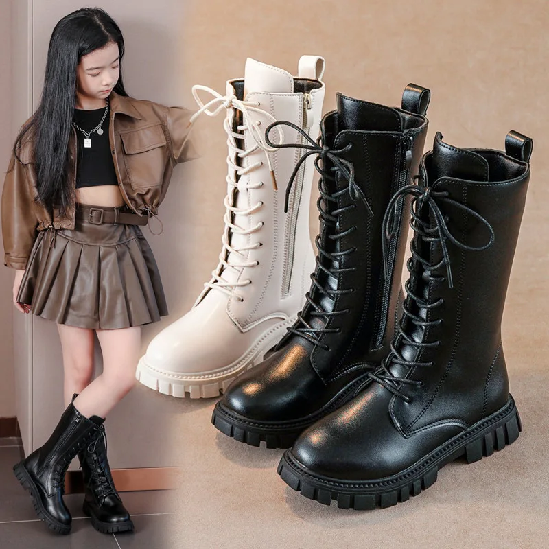 

White Black Children's Knee-high Boots For Girls Leather Shoes Zipper Lace-up 3-13Years Old Kids Fashion Boots for Autumn Winter