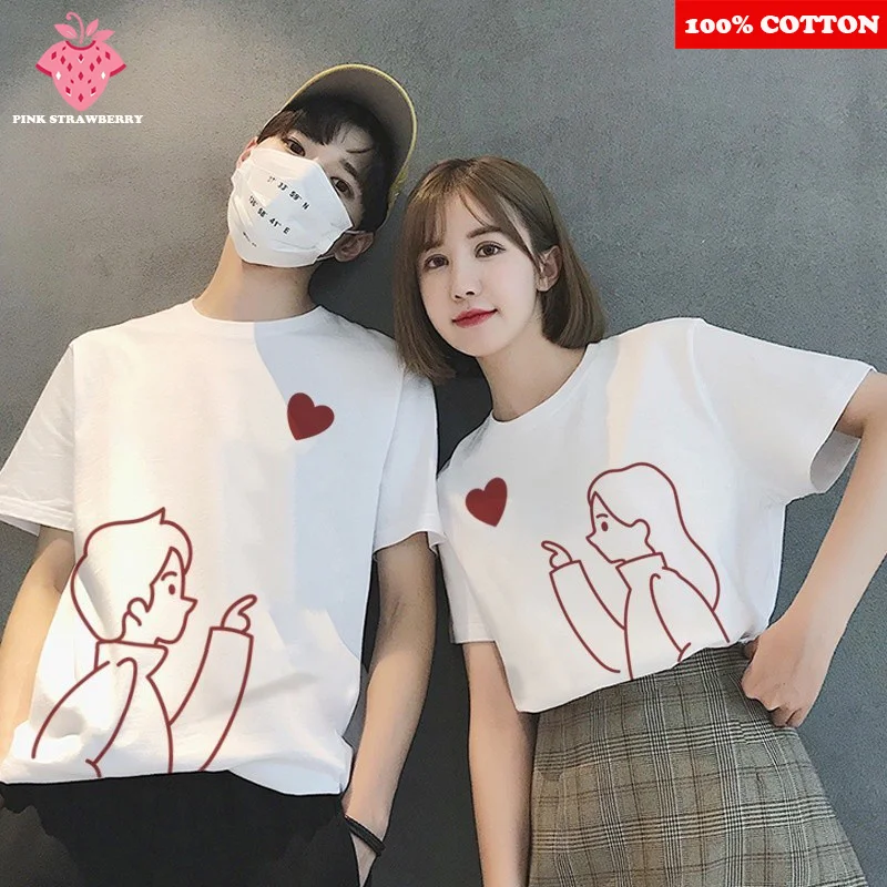 

Couple White T-shirt Women's Summer 2025 New 100% Cotton Short Sleeve Love heart Print T-shirt Customized Y2k Top man and woman