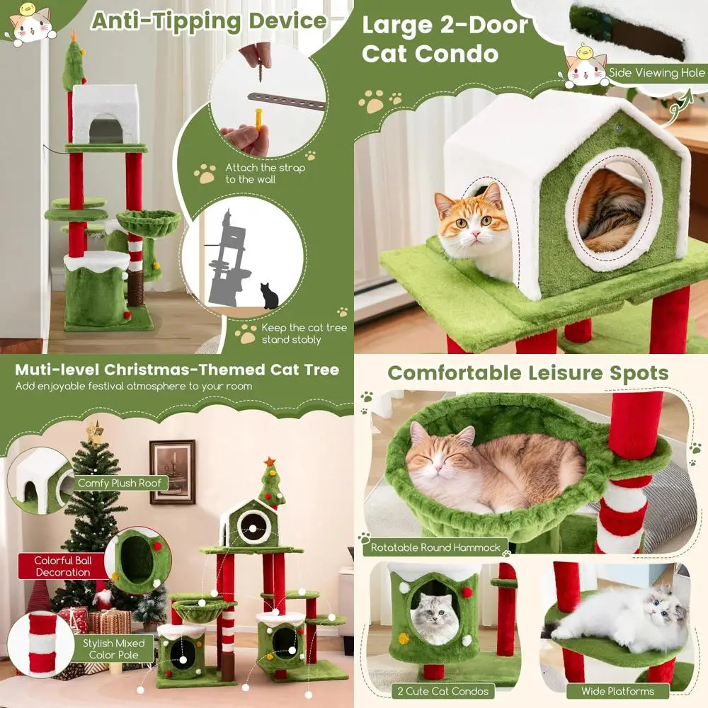 

58 Multi-Level Cat Tower with 3 Condos, Groomer, Basket, and Anti-Tip Kit for Festive Indoor Cats