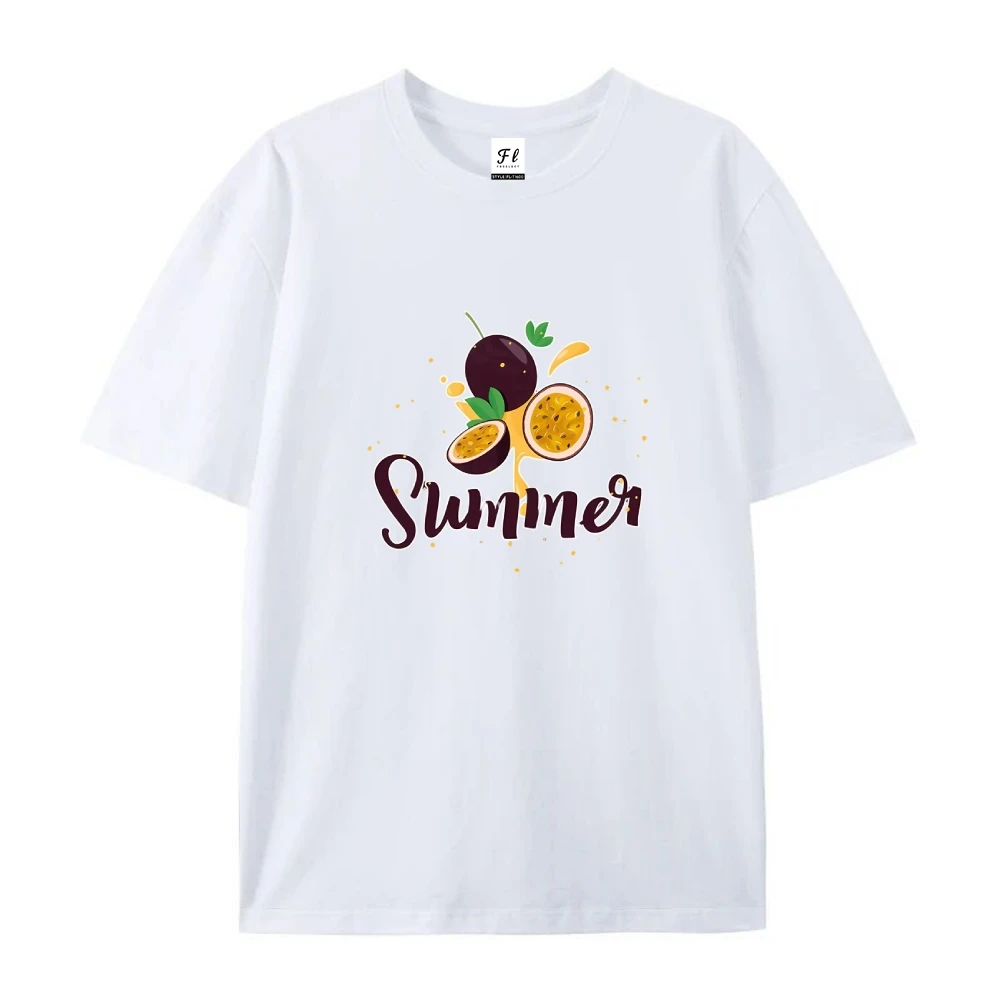 Letnia koszulka z jagodą marakujową, biała, wypukła grafika jagody marakujowej, luźna, z krótkim rękawem, tropikalne nastroje, wygodny top