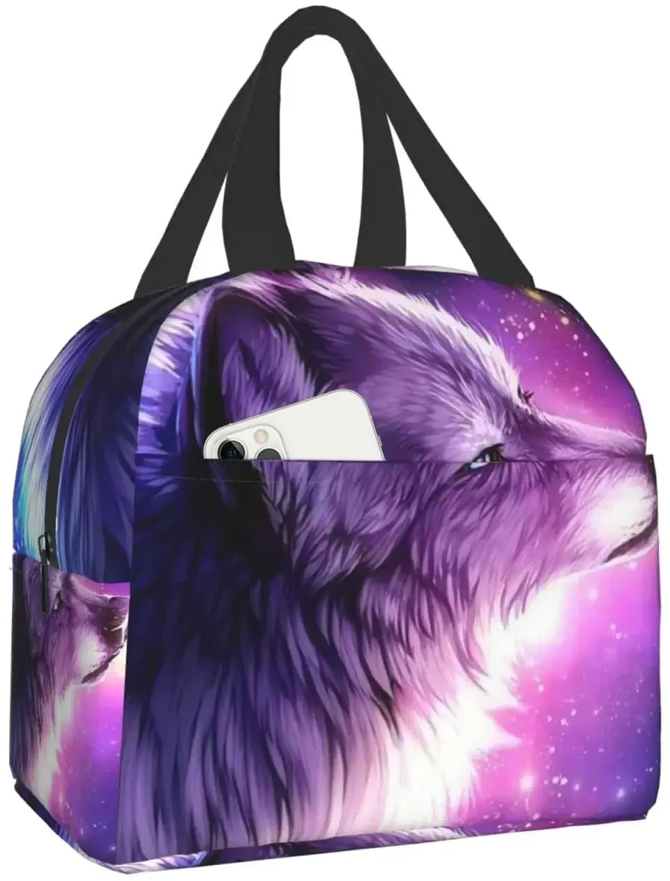 Galaxy In space Wolf Lunch Box Travel Bag Reusable Insulated Cooler Lunch Bags Girls Boy Cute Picnic Tote Bag Strapf for School