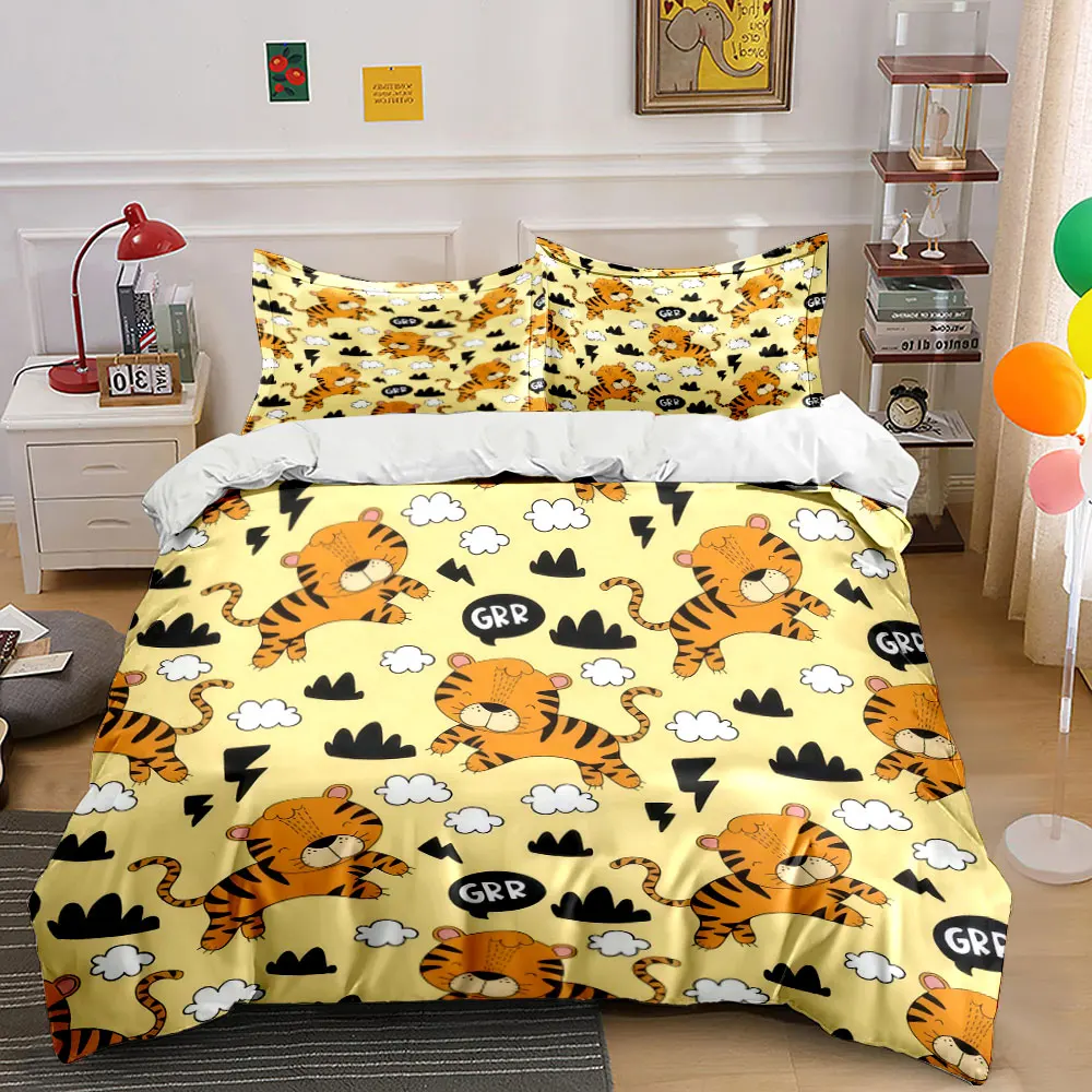 "Cartoon Tiger Kids Room Decor" Bedding Set with 1 Duvet Cover 2 Pillowcases Single Double King Queen, Gift