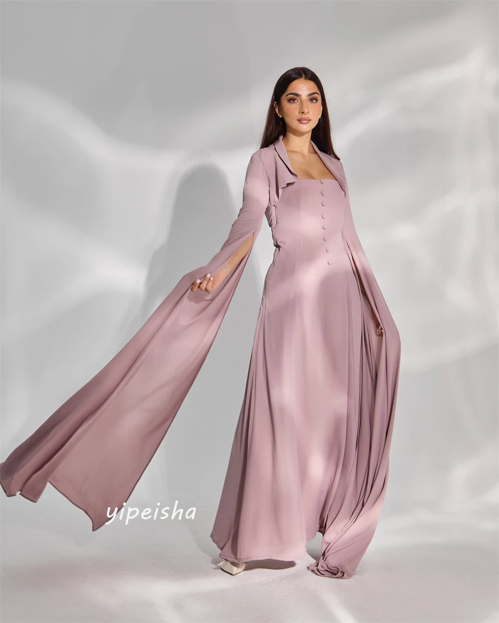 Jiayigong  Satin Draped Button Wedding Party A-line Square Neck Bespoke Occasion Dresses Ankle-Length