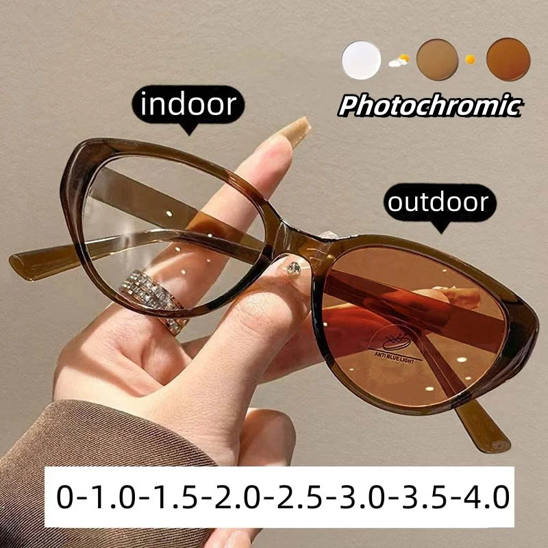 

Blue Light Blocking Photochromic Myopia Glasses Ultra Light Cat Eye Near Sight Eyewear Women High Definition Optical Eyeglasses