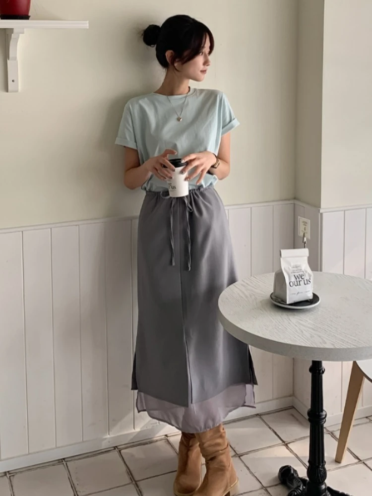 

Women Skirt Summer Long Skirts Midi High Waist Girls Solid Vintage Skrits Sexy A Line Harajuku Skirt Y2k Kawaii Chiffon Pleated