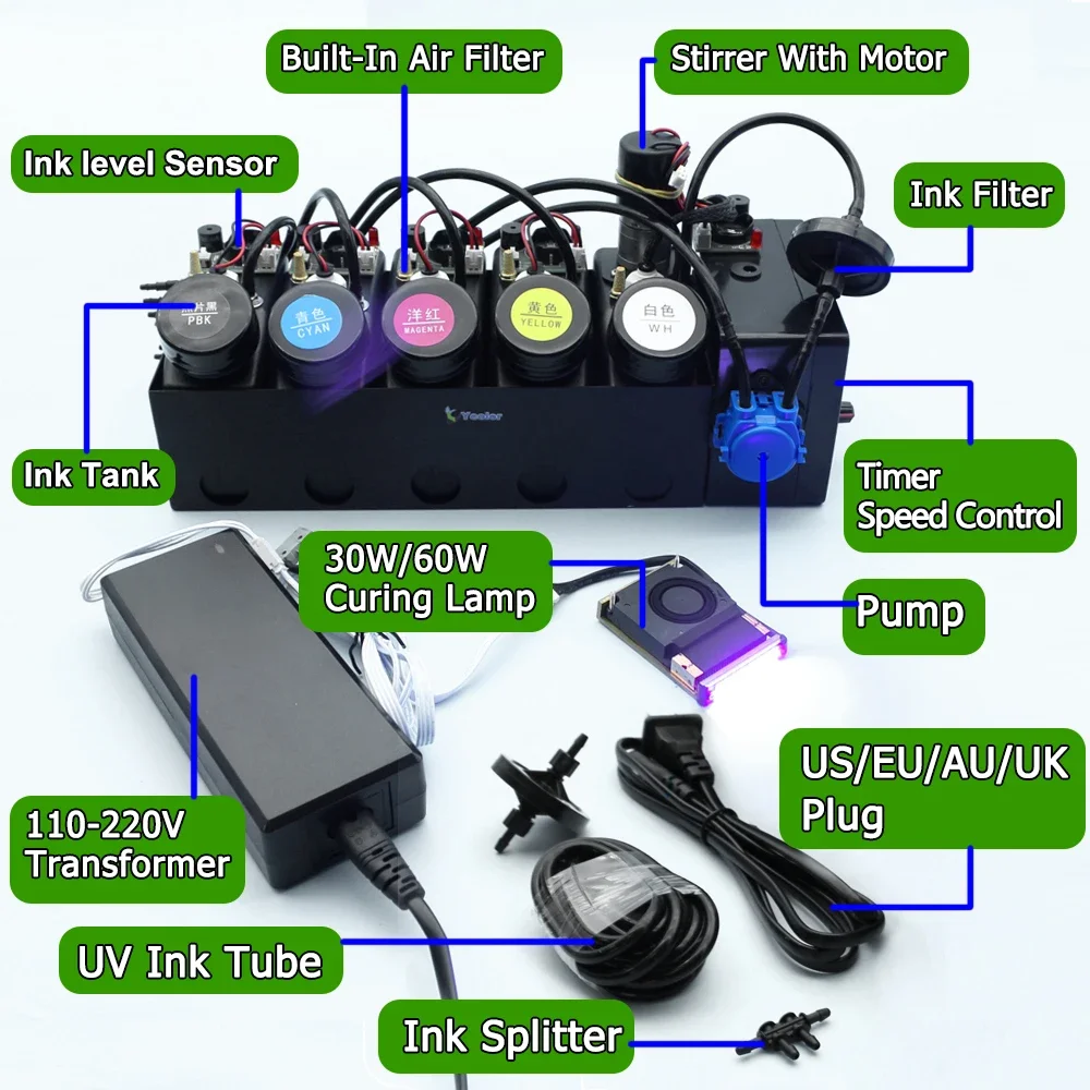System cyrkulacji białych atramentów UV CISS Lampa utwardzająca Modyfikacja światła dla Epson Konwertuj naklejkę UV Drukuj mieszadło z białym atramentem